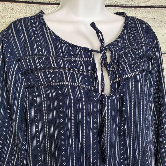 Como Vintage Women’s Navy Blue Striped Boho Peasant Top L Tie Neck Long Sleeve - Picture 2 of 7